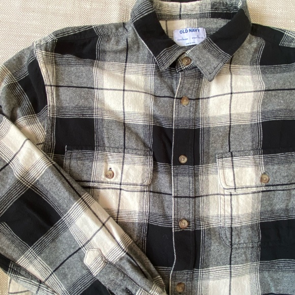 Old Navy Mens Black White Cotton Flannel Relaxed Fit Casual Shirt- Sz-L - Picture 2 of 15